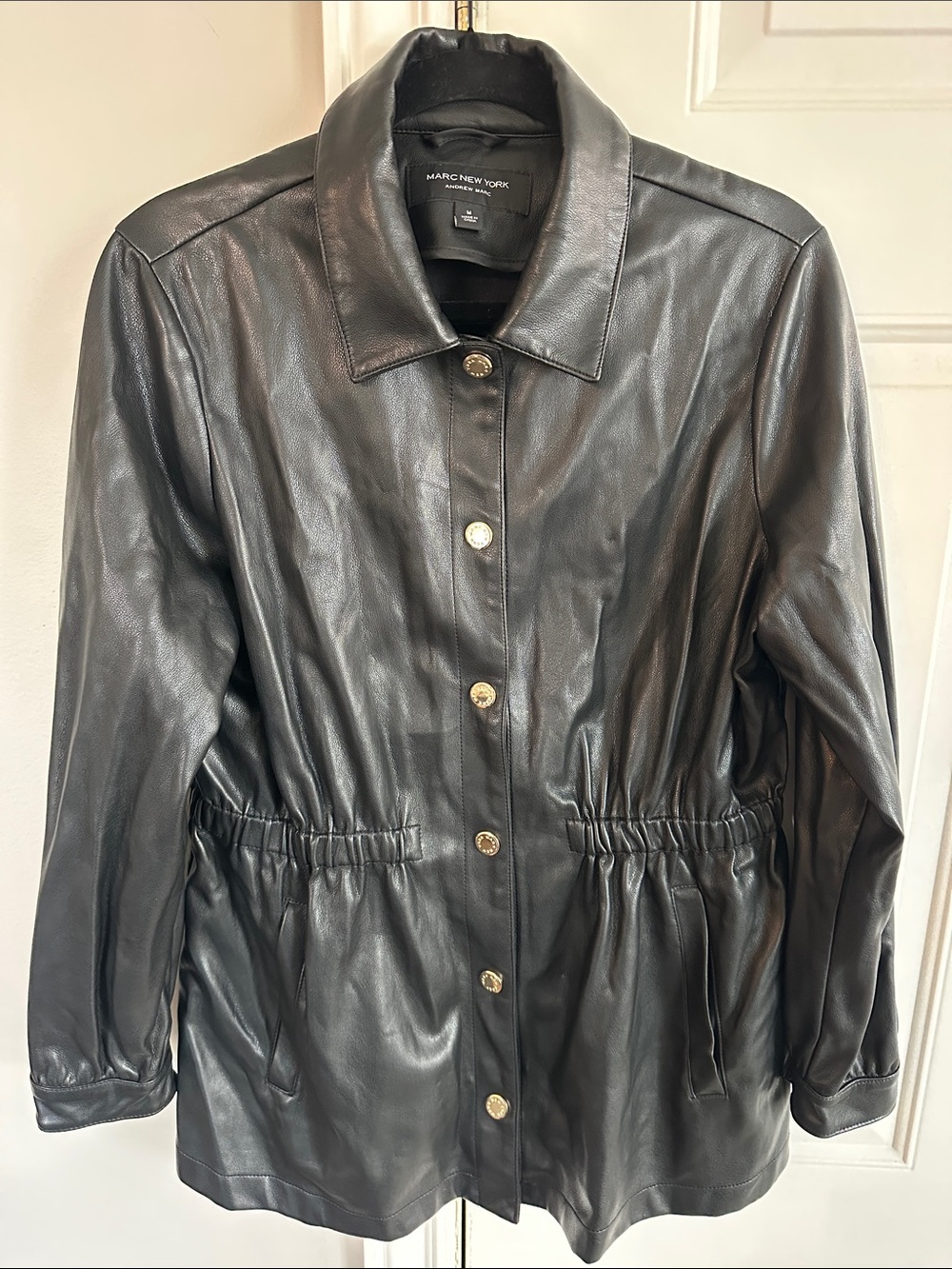 Marc New York Black Leather Button-Front Jacket with Elastic Waist